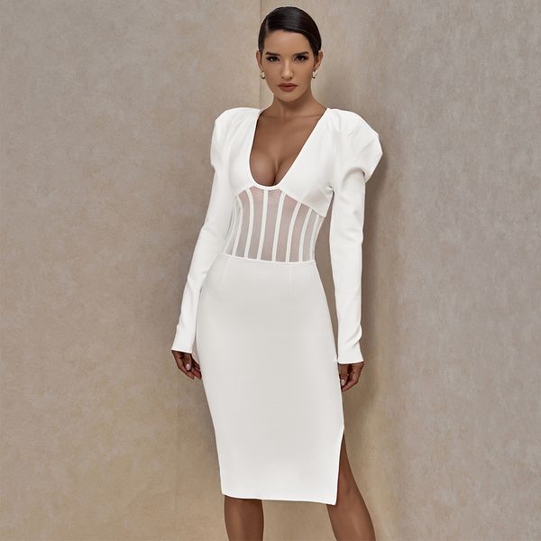 

ocstrade plunge v neck long sleeve bandage dress runway fashion women mesh cinched corset waist white bandage dress 201028, Black;gray
