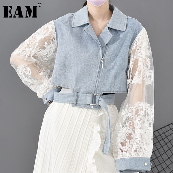 

[eam] loose fit lace stitch denim bandage short jacket new lapel long sleeve women coat fashion tide spring lj200813, Black;brown