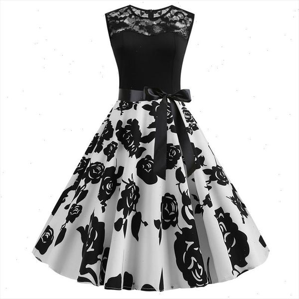 

vintage hepburn style dress women plus size lace up lace print dress ladies elegant spring summer sleeveless swing party, Black;gray