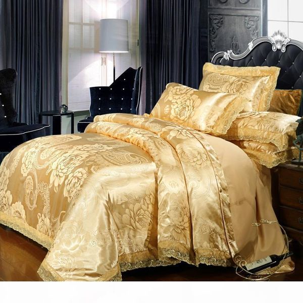 

кружева края сатин одеяло комплект крышка сплошной цвет gold beige luxury постельных 4шт  king size bed набор хлопок простыня подушка ш
