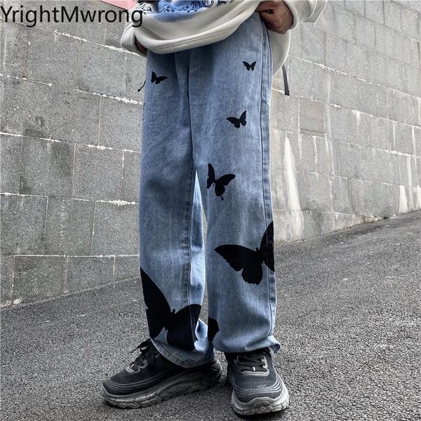

butterfly print loose straight denim pant jeans trouser men japanese low tracksuit wide fashion baggy streetwear woman korean, Blue