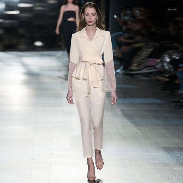 

women's two piece pants elegant suit women 2 set office ladies work wear business formal clothes blazer with belt lace outfits pantsuit, White