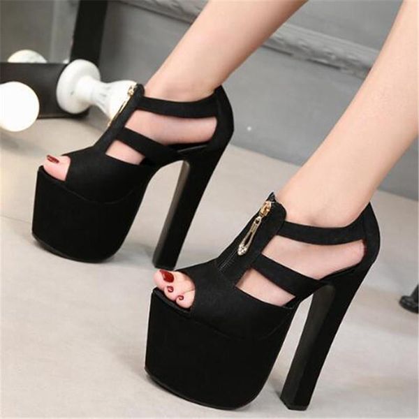 

sandals fashion solid platform women summer shoes waterproof flock zip 17cm thick high heels peep toe womens, Black