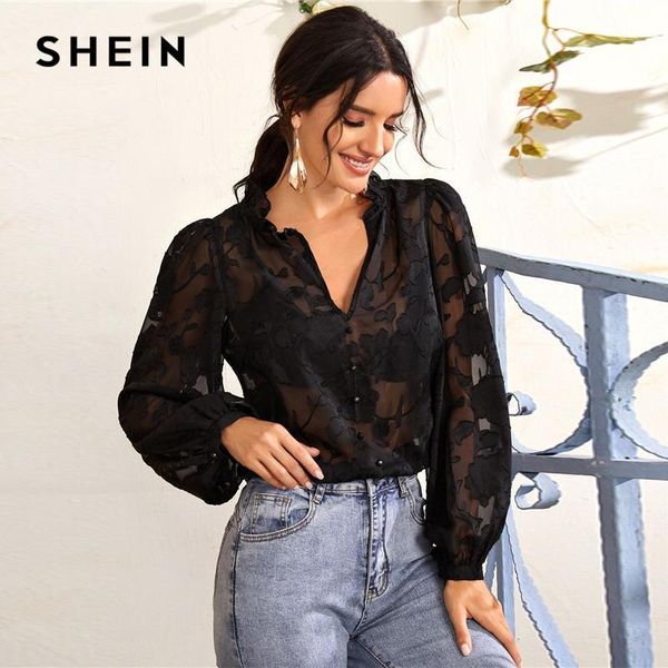 

ruffle trim buttoned front appliques mesh without bra women autumn bishop sleeve notched sheer elegant blouses, White