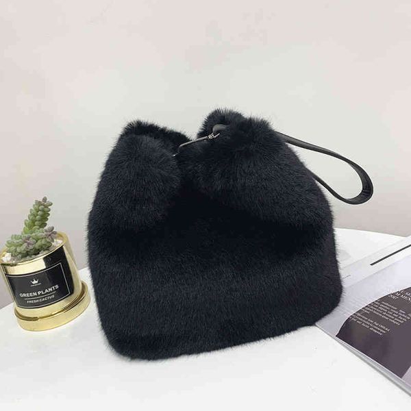 

faux mink fur plush ladies shoulder bucket bags luxury designer women handbags female crossbody bag clutch purse
