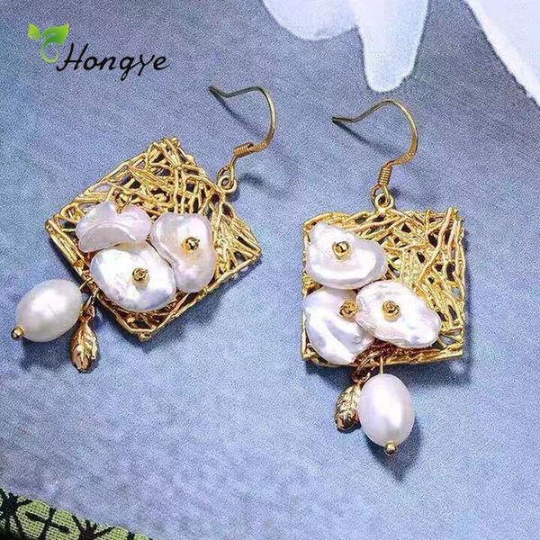 

hongye handmade women natural pearl earrings vintage long dangler star pendant female gold color ear accessory, Silver