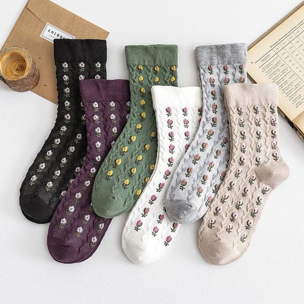 

socks & hosiery 1 pair of autumn and winter linen pattern cotton women's retro small floral jacquard fashion tube for ladies, Black;white