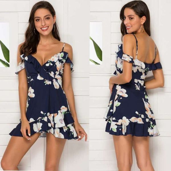 

shoulder model suspender leaf open hem and waistband irregular dress printed with beach skirt, Black;gray