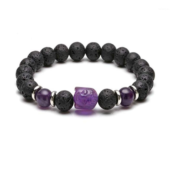

amethysts crystal engraved buddha connect black lava stone round beads elastic bracelet handmade weave religious jewelry1
