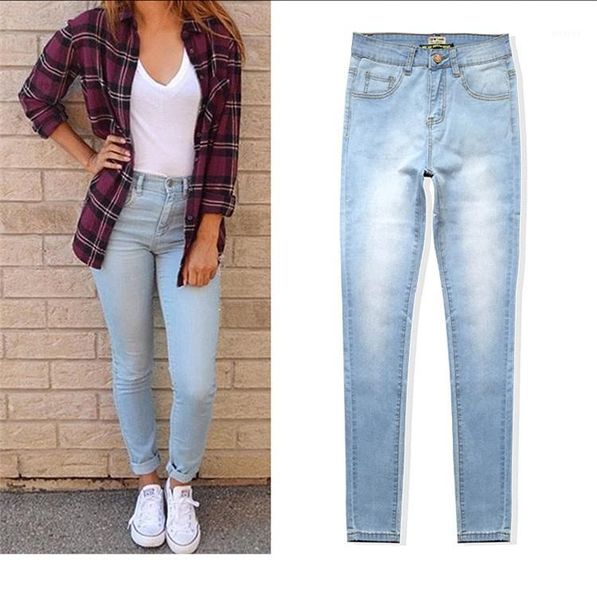 

vintage casual skinny high waisted jeans washed full length women pencil pants trousers leggings plus size womans feminino1, Blue