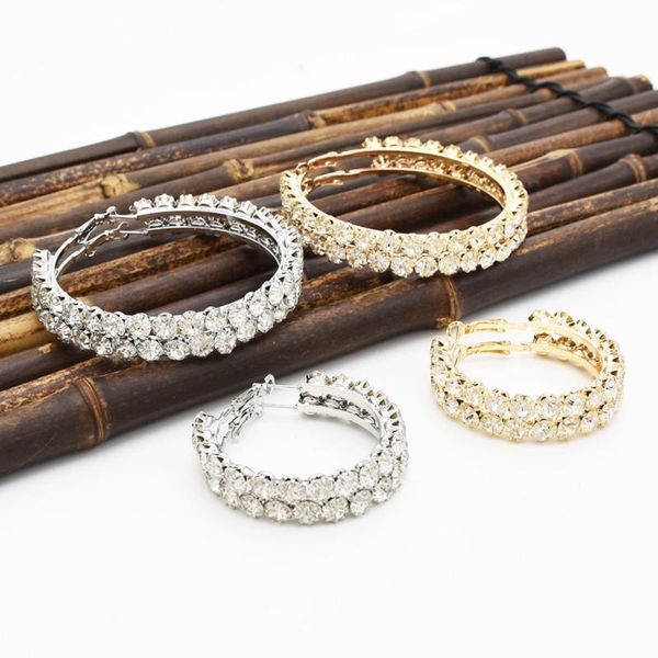

european fashion large big pendant crystal rhinestone stud earring gold color metal hoop earrings for women circle ears jewelry, Golden;silver