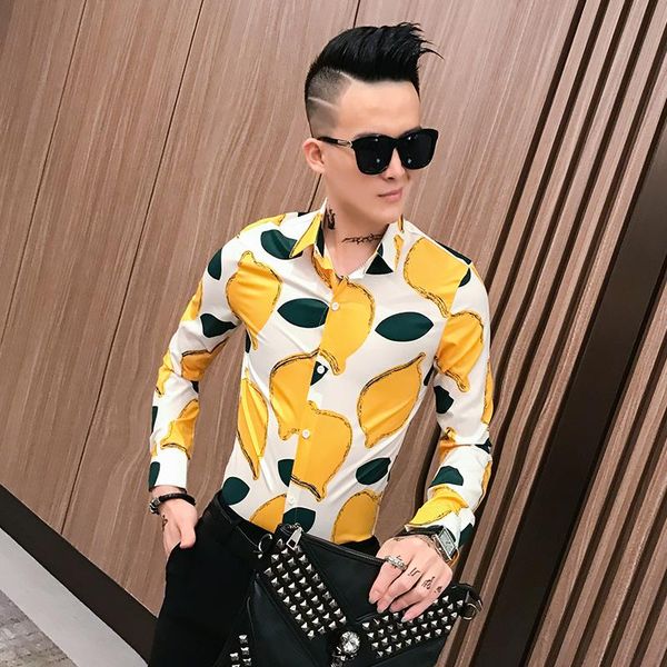

new men tuxedo shirts long sleeve fashion fruit print slim fit night club prom dress casual blouse homme black/white, White;black