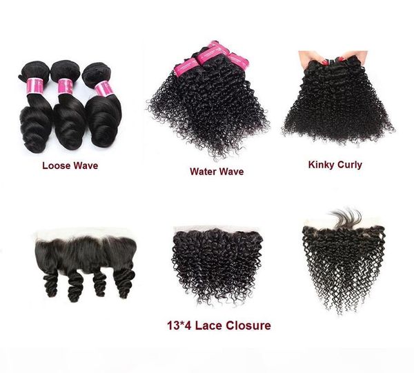 

human hair bundles with closures 13*4 lace 100% brazilian virgin hair weaves double weft hair extensions loose wave water wave kinky curly, Black