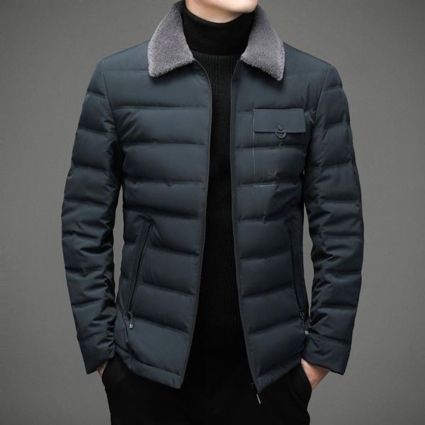 

down jacket men's winter men's business casual solid color short lapel lamb fur collar coat dad's dress, Black