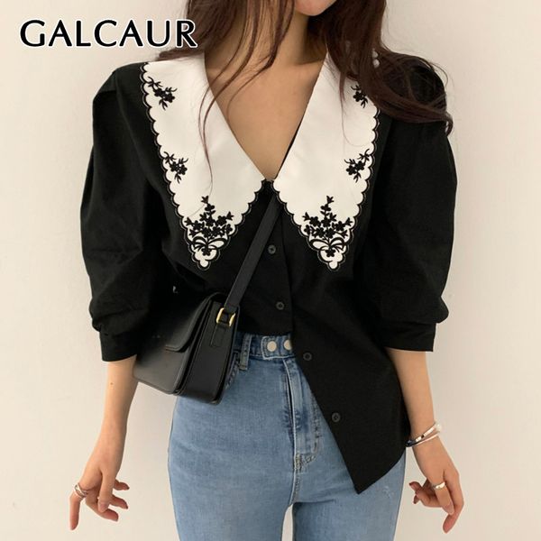 

galcaur korean embroidery print hit color shirt for women lapel collar puff sleeve blouse female summer fashion new clothes 201126, White