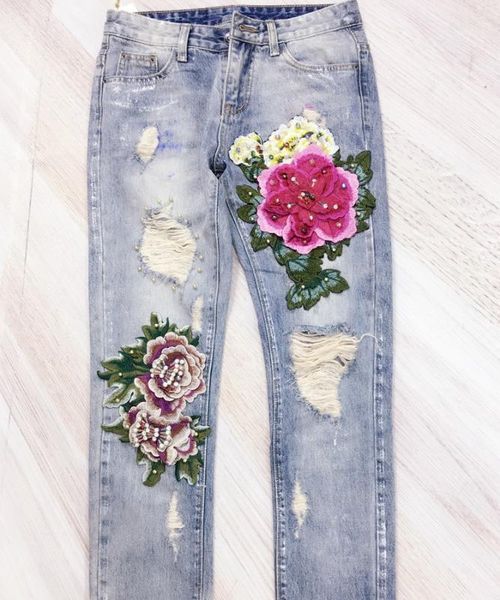 

fashion stereo flower bronzing nail bead boyfriend women hole ripped jeans female denim pencil pants vintage pantalones vaqueros1, Blue