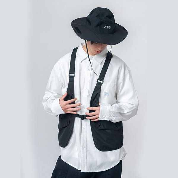 

men retro fashion streetwear hip hop vest coat male female japan korea style loose function waistcoat sleeveless jacket, Black;white