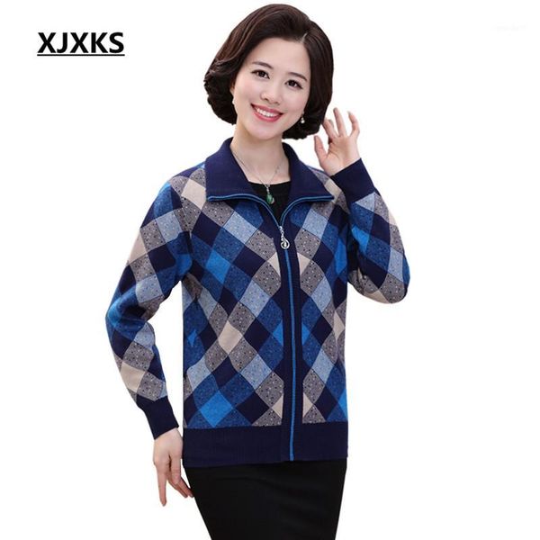

women's knits & tees xjxks women winter warm knitted coat plaid turn-down collar sweater female long sleeve zipper cardigans 17161, White