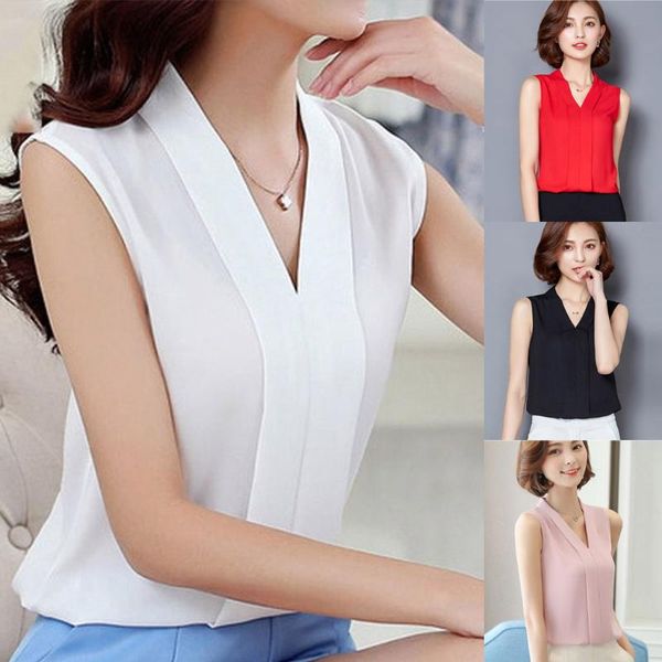 

women brief office work wear v neck shirts sleeveless chiffon blouse women blusas mujer de moda, White