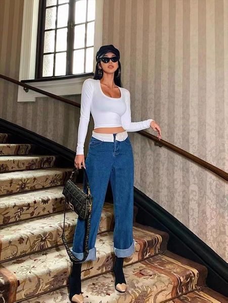 

long sleeve elastic womens autumn and winter tight bottoming waist short open navel u neck trend basic white black