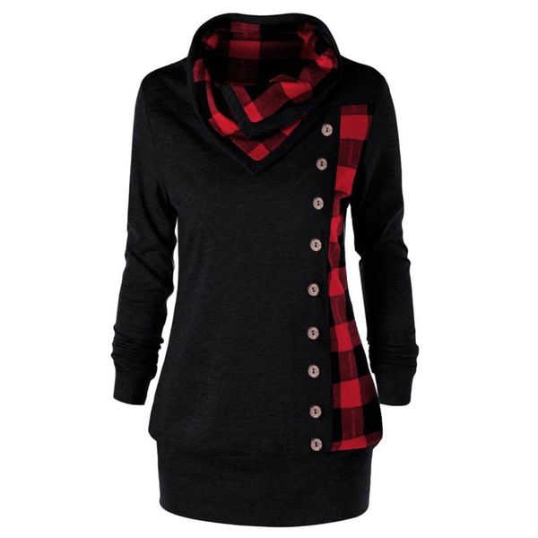 

fashion women winter long sleeve turtle neck jumper hoodies sweatshirt turn-down collar button plaid autumn casual outwear, Black