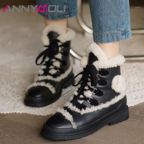 

boots annymoli real wool fur genuine leather flat platform snow women warm ankle round toe lace up lady short shoes1, Black