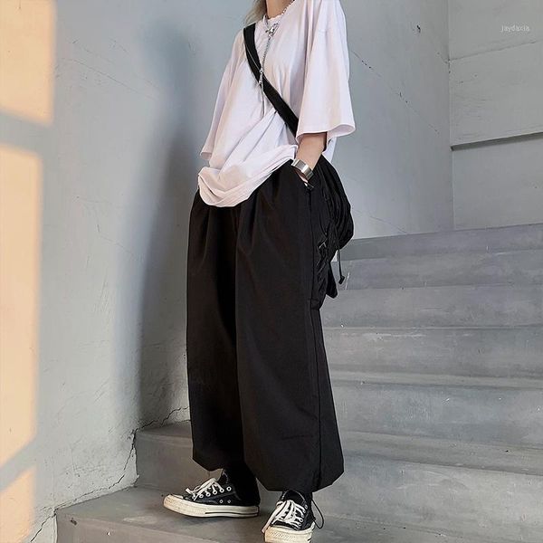

casual pants women's 2020 summer new ins yuansuo wind corset pants loose and thin, straight tube wide leg trend1, Black
