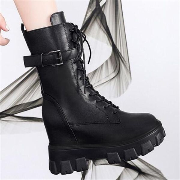 

women's mid calf boots platform high heel shoes new spring 2021 motorcycle botas footwear zipper chunky sneakers female booties, Black