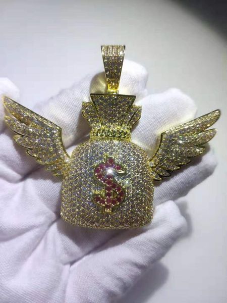 

men iced out bling money bag pendant necklace fully cz stone hip hop jewelry necklace with 24 inch stainless steel rope chain, Silver