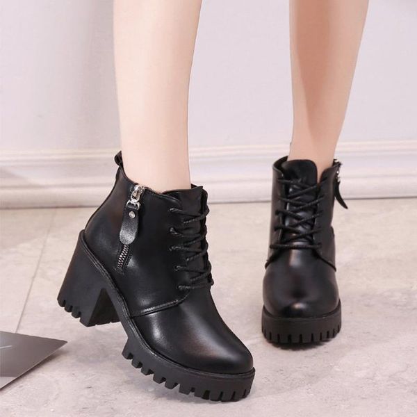

boots autumn shoes women ankle zipper square high heels lace up platform female short plush boot ladies winter footwear, Black