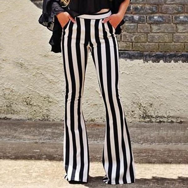 

women loose trousers womens elegant black vertical striped high waist pocket wide leg pants women bell bottoms flare trousers, Black;white
