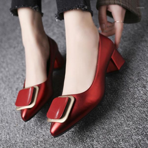 

2020 women's pumps woman mid heels female pointed toe metal plate elegant ladies office solid shoes decor footwear plus size1, Black
