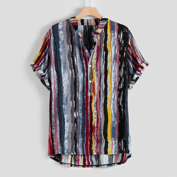 

summer mens hawaiian shirt blouse 2020 fashion stand collar strip print short sleeve shirt beach blouses camisa homme1, White;black