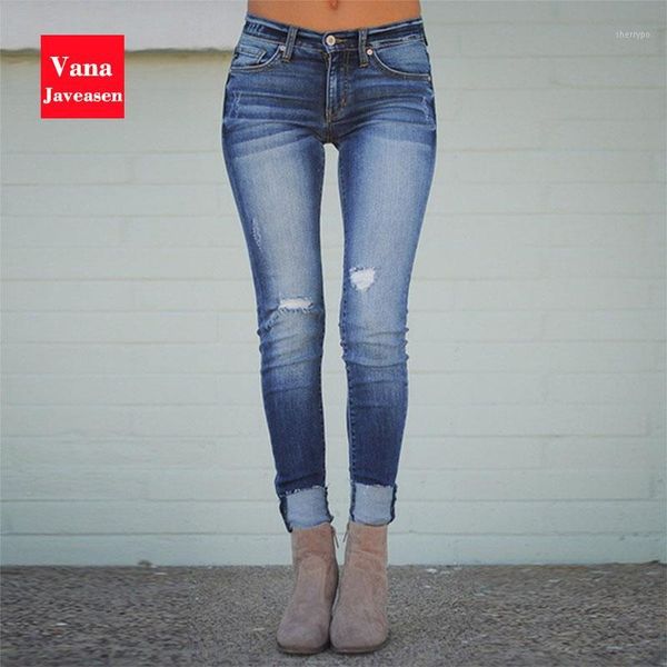 

vana javeasen pencil denim pants skinny jeans woman scratched ripped jeans for women mom jean femme pants streetwear1, Blue