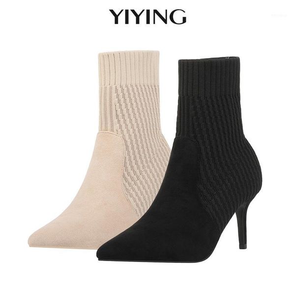 

design women elastic fabric socks boots 2020 fashion pointed toe high heel knited boots ladies elegant pumps shoes1, Black