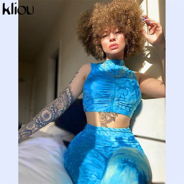 

kliou women skinny fitness tracksuit sleeveless zipper fly crop elastic high waist leggings outfit sporty casual set y201128, Gray