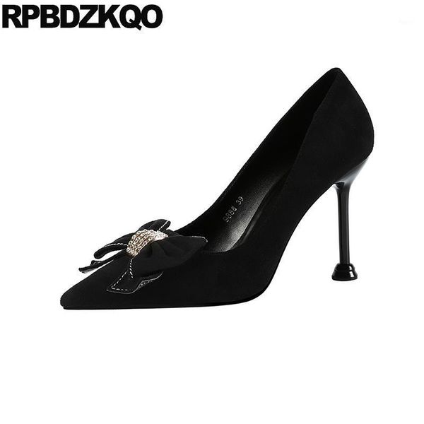 

dress shoes pointed toe crystal ladies high heels suede bow diamond black thin pumps  42 big size scarpin rhinestone slip on1
