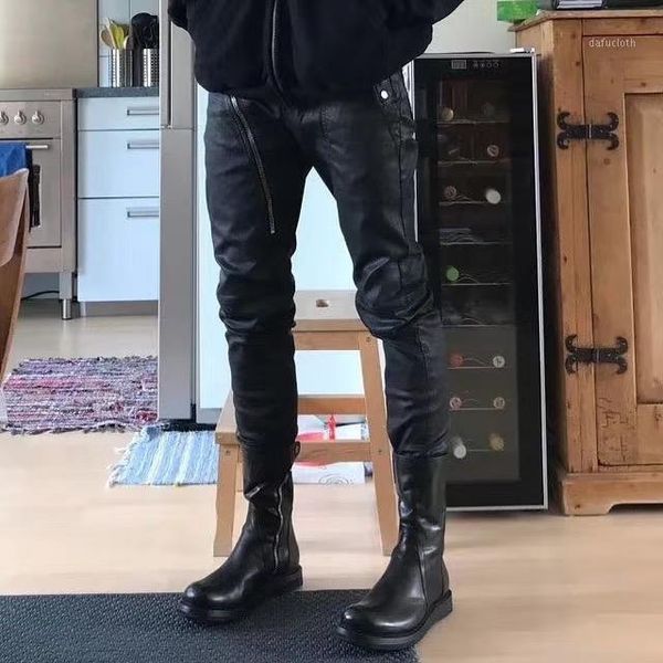 

men wax coating slant zipper skinny black jog jeans1, Blue