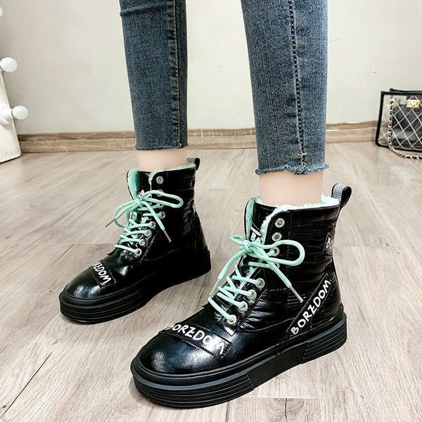 

2021 the new fashions letters flat ankle for women thicken warm teddy winter boots woman thick heels lace up to platform shoes hdzo, Black