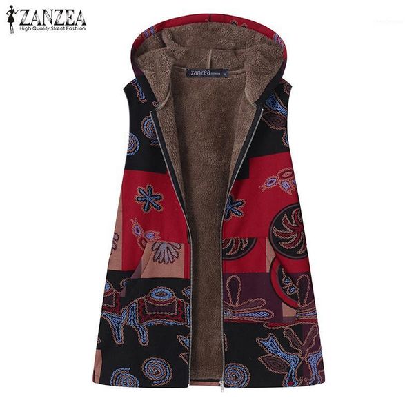 

2020 zanzea women's print sleeveless jackets kaftan zipper coats casual female hooded overcoat jackets plus size coats1, Black;brown