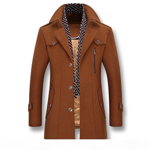 

men autumn and winter business casual men's coat thickening slim fit jacket scarf collar windbreaker detachable overcoat, Black;brown