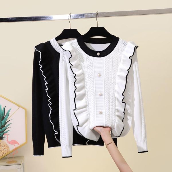 

autumn and winter new lotus leaf color matching knitted sweater women's versatile round neck long sleeve sweet top, White;black