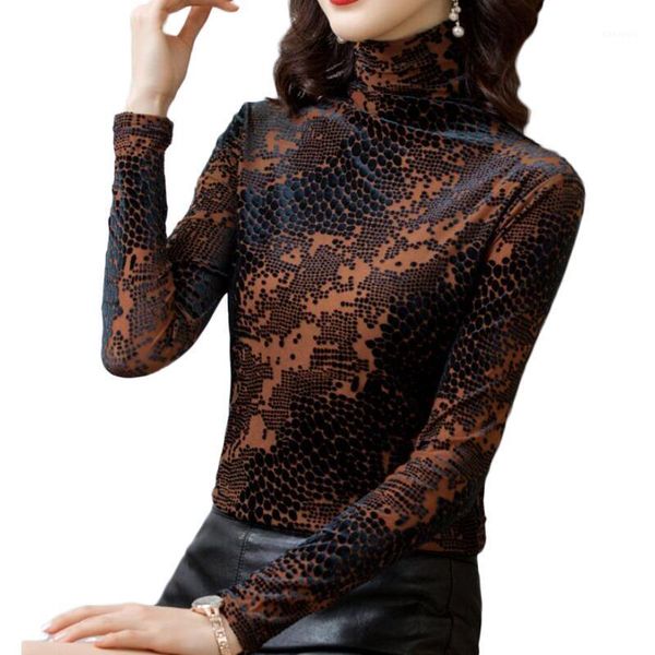 

women blouses flocking print long sleeve turtleneck vintage velour blouse women shirts plus size camisas de mujer1, White