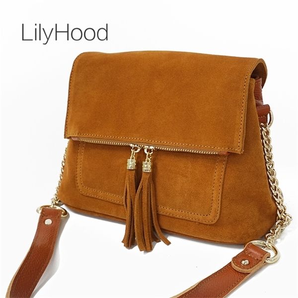 

lilyhood women genuine leather fringe shoulder bags fashion cow suede tassel brown chain multi pockets crossbody bucket bags c0121