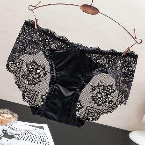 

517 underwear women's lace traceless transparent triangle pants with cotton crotch, Black;pink