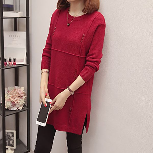 

women plus size casual pullovers long sweater winter autumn slim jumpers o-neck wine red thick pull femme maglioni donna 210203, White;black