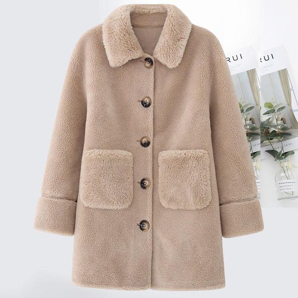 

lambs wool coat women's short section lengthened winter thickened warmth large pockets plus velvet particles plush fur coat y257, Black