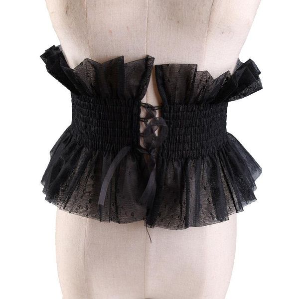 

black white lace super wide belt ladies translucent ruffled decorative strap elastic cloth girdle, Black;brown