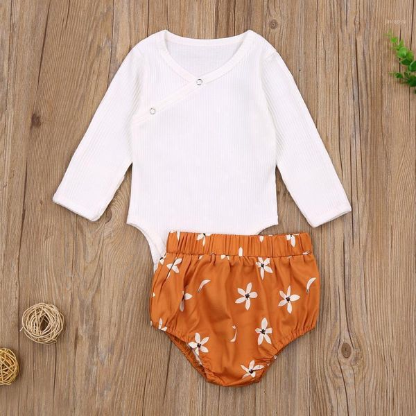 

0-18m infant baby girl clothing 2021 autumn white solid ribbed long sleeve romper floral print high waist shorts 2pcs set1