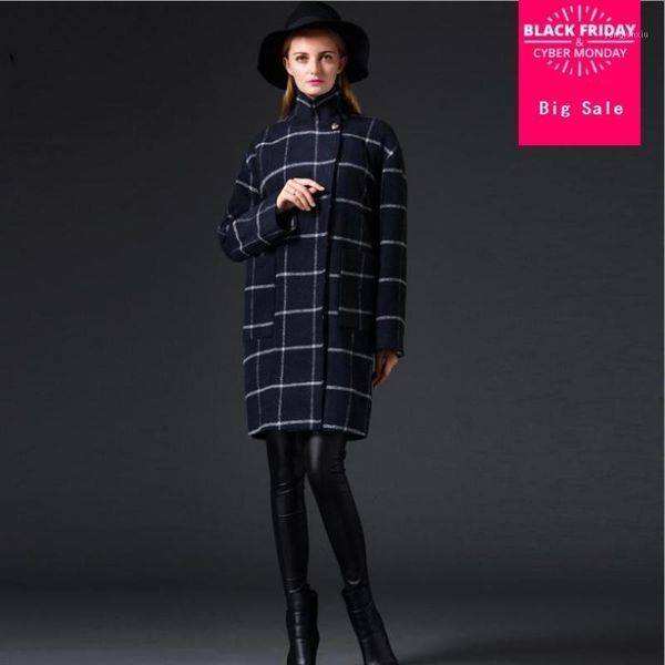 

autumn and winter new slim plaid woolen coat korean version raglan sleeves loose cashmere jacket fashion woolen outwear l14211, Black